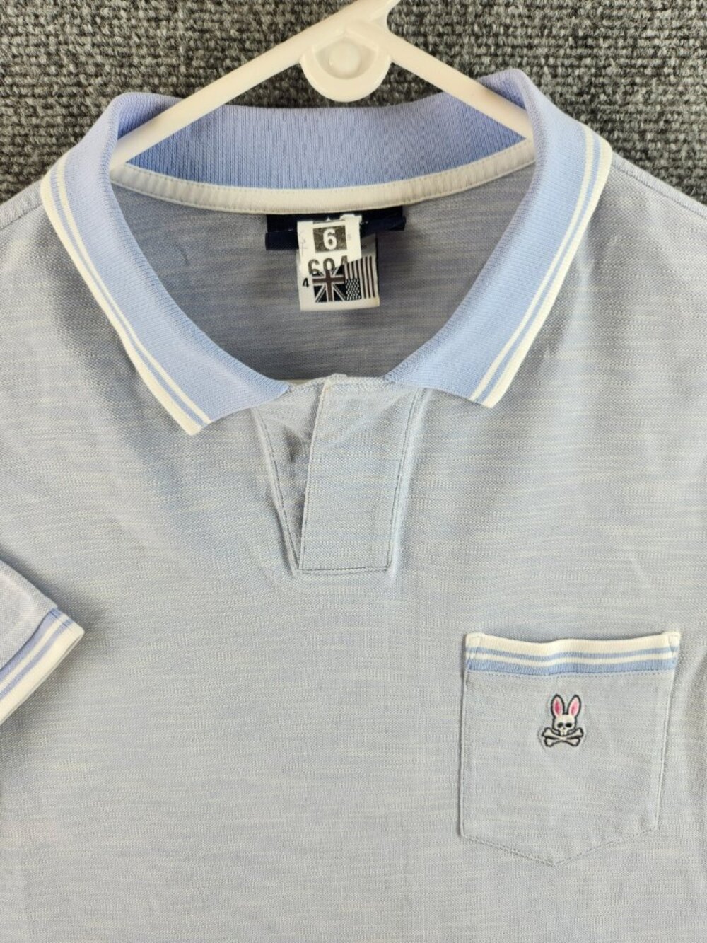 Psycho Bunny Short Sleeve Blue White Pima Cotton Polo Shirt Logo Size 4 Bunny